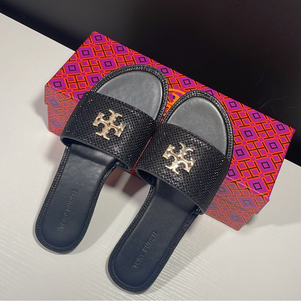 Tory Burch Black Sandals with Gold Accent